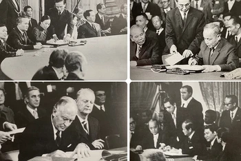 Một số hình ảnh tại lễ ký kết chính thức Hiệp định Paris 1973. (Ảnh tư liệu: Trung tâm Lưu trữ quốc gia III, Ban Tuyên giáo Trung ương, Bộ Ngoại giao)