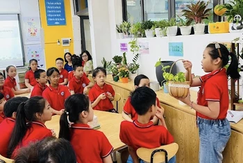 Giáo viên lồng ghép giáo dục kỹ năng sống bảo vệ môi trường vào tiết dạy môn Công nghệ tại Trường tiểu học Thành Công B (quận Ba Đình, Hà Nội).