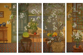 Tác phẩm "Mùa xuân chín"của họa sĩ Vũ Thùy Mai tại triển lãm mỹ thuật “Ngộ”, tháng 9/2023. (Ảnh: Ban tổ chức)