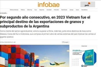Ảnh chụp màn hình: Tờ Infobae Argentina đưa tin Việt Nam thị trường nhập khẩu nông sản số một của nước này. Ảnh: TTXVN