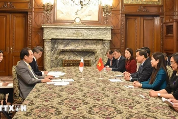 Phó Thủ tướng Chính phủ Lê Minh Khái hội kiến Chủ tịch Hạ viện Nhật Bản Nukaga Fukushiro. (Ảnh: TTXVN)