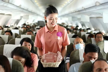 “Chuyến bay màu hồng - HeForShe” cùng thông điệp của Vietnam Airlines về sự đa dạng và bình đẳng giới. (Ảnh: VNA)