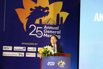 Thứ trưởng Bộ Tài chính Nguyễn Đức Chi phát biểu tại Hội nghị ACG 25. (ẢNH: VSDC)