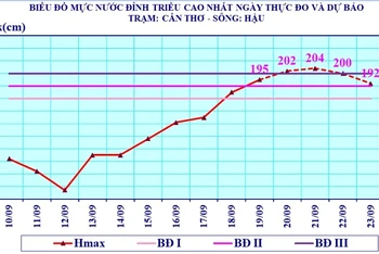 Biểu đồ mực nước đỉnh triều cao nhất ngày thực đo và dự báo trạm Cần Thơ-sông Hậu.