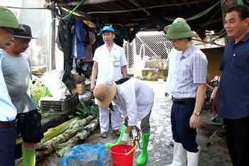 Cán bộ, nhân viên y tế hướng dẫn pha phèn chua xử lý nguồn nước phục vụ sinh hoạt.