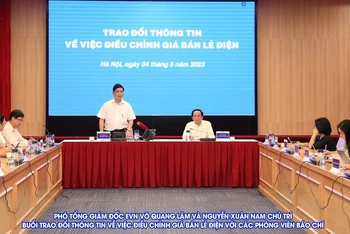 Phó Tổng Giám đốc EVN Võ Quang Lâm và Nguyễn Xuân Nam chủ trì buổi trao đổi thông tin về việc điều chỉnh giá bán lẻ điện với các phóng viên báo chí