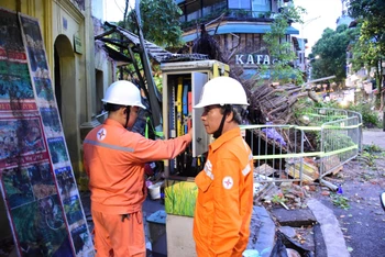 Tại khu vực nút giao phố Hàng Cá - Chả Cá (quận Hoàn Kiếm), một cây cổ thụ bị đổ chắn ngang đường. Các công nhân EVNHANOI đã lập tức có mặt tại hiện trường để đảm bảo an toàn cho hệ thống điện… (Ảnh: EVNHANOI). 