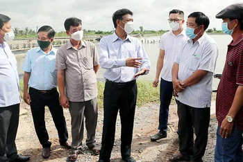 Bí thư Tỉnh ủy Sóc Trăng Lâm Văn Mẫn (thứ tư từ trái sang) thị sát vùng nuôi tôm công nghiệp công nghệ cao của tỉnh Sóc Trăng.
