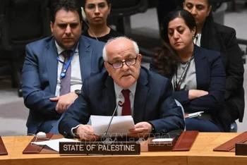 Quan sát viên thường trực của Palestine tại LHQ Riyad Mansour phát biểu trong phiên họp Hội đồng Bảo an LHQ ở New York, Mỹ ngày 25/3/2024. Ảnh: AFP/TTXVN