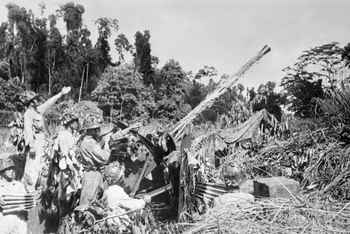 Phối hợp chặt chẽ với các đơn vị xung kích, các chiến sĩ cao xạ pháo đang đánh trả quyết liệt máy bay địch ở Điện Biên Phủ. (Ảnh: TTXVN)