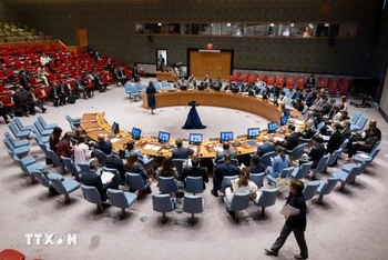 Toàn cảnh một cuộc họp Hội đồng Bảo an Liên hợp quốc về tình hình Gaza tại New York, Mỹ. (Ảnh: THX/TTXVN)