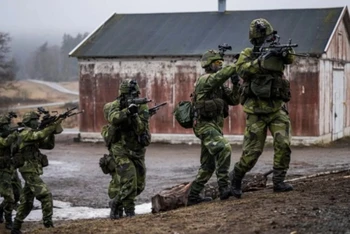 Binh sĩ Thụy Điển tham gia cuộc tập trận ở Kungsangen, gần Stockholm hồi đầu năm nay. (Ảnh: AFP/TTXVN)