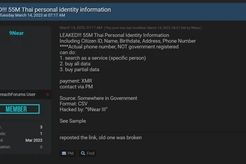Tin tặc khẳng định đang sở hữu dữ liệu cá nhân của 55 triệu công dân Thái Lan.