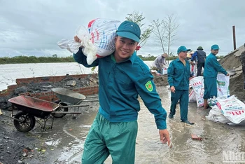 Nụ cười lạc quan của thanh niên xung kích hộ đê (tỉnh Thái Bình).