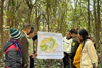 Cán bộ kiểm lâm tỉnh Điện Biên thông báo đến người dân huyện Điện Biên Đông các khu vực rừng thuộc địa phận rừng hưởng dịch vụ môi trường rừng.