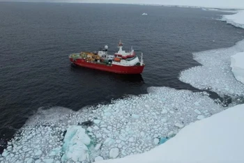 Tàu phá băng Laura Bassi của Italia chở các nhà khoa học nghiên cứu ở Nam Cực đến gần Vịnh Wales, Nam Cực ngày 31/1. Ảnh: Reuters.