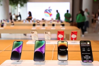 Những chiếc iPhone bên trong cửa hàng bán lẻ Apple đầu tiên tại Mumbai, Ấn Độ ngày 17/4/2023. Ảnh: Reuters.