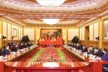 Tổng Bí thư Nguyễn Phú Trọng hội đàm với Tổng Bí thư, Chủ tịch Trung Quốc Tập Cận Bình. (Ảnh: TTXVN)