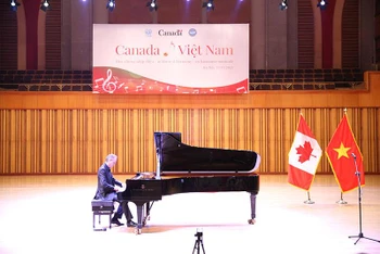Nghệ sĩ biểu diễn âm nhạc đương đại Canada Matt Herskowitz say sưa bên chiếc dương cầm tại buổi hòa nhạc. (Ảnh: Đại sứ quán Canada tại Việt Nam)