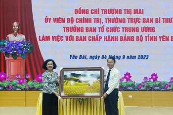 Đồng chí Trương Thị Mai nhận bức tranh Mùa vàng Mù Cang Chải do Tỉnh ủy Yên Bái tặng.