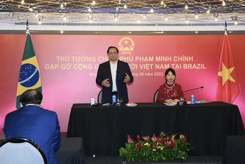 Thủ tướng Phạm Minh Chính phát biểu tại cuộc gặp với bà con cộng đồng người Việt Nam ở Brazil và một số nước Nam Mỹ.