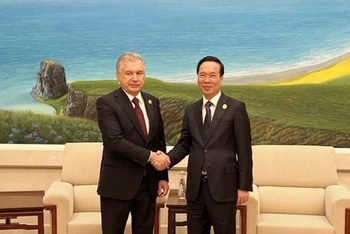 Chủ tịch nước Võ Văn Thưởng và Tổng thống Cộng hòa Uzbekistan Shavkat Mirziyoyev trong cuộc gặp tại Bắc Kinh (Trung Quốc) ngày 17/10/2023. (Ảnh: TTXVN)