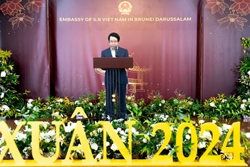 Đại sứ Trần Anh Vũ đọc diễn văn khai mạc sự kiện Xuân Quê hương 2024. 