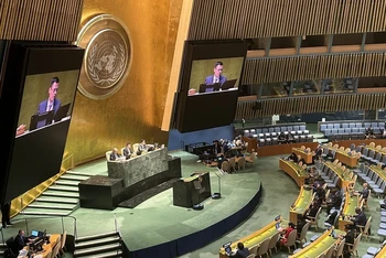 Đại sứ Đặng Hoàng Giang chủ trì phiên họp Đại hội đồng Liên hợp quốc về Nghị quyết yêu cầu Tòa án Công lý Quốc tế (ICJ) đưa ra ý kiến tư vấn đối với vấn đề biến đổi khí hậu ngày 29/3/2023. (Ảnh: TTXVN)