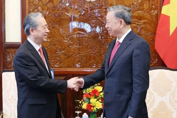 Chủ tịch nước Tô Lâm đã tiếp Đại sứ Trung Quốc tại Việt Nam Hùng Ba tại Phủ Chủ tịch. (Ảnh: TTXVN)