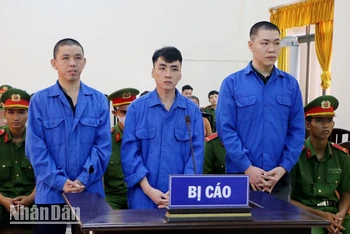 Bị cáo Nguyễn Triều Giang (giữa), Nguyễn Tiến Thành (bìa phải) và Trình Vũ Tuấn tại phiên tòa. 