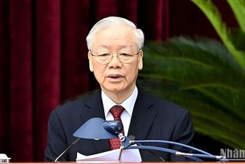Tổng Bí thư Nguyễn Phú Trọng phát biểu khai mạc hội nghị. (Ảnh: ĐĂNG KHOA)