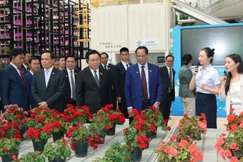 Chủ tịch Quốc hội Vương Đình Huệ thăm dự án tiêu biểu về công nghệ cao tại Trung tâm Dịch vụ sáng tạo nông nghiệp xanh Vân Thiên Hóa tỉnh Vân Nam. (Ảnh: Nhan Sáng-TTXVN) 