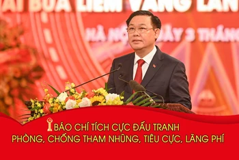 Chủ tịch Quốc hội Vương Đình Huệ phát biểu tại Lễ công bố và trao Giải báo chí toàn quốc về xây dựng Đảng (Giải Búa liềm vàng) lần thứ VII - năm 2022.