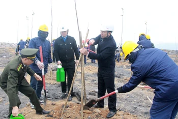 Các đại biểu trồng cây tại mặt bằng sản xuất của Công ty Cổ phần Than Đèo Nai.