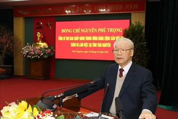 Tổng Bí thư Nguyễn Phú Trọng phát biểu tại buổi làm việc với Ban Thường vụ và lãnh đạo tỉnh Thái Nguyên. (Ảnh: TTXVN)