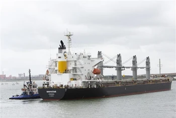 Tàu chở ngũ cốc rời cảng Odessa, Ukraine ngày 20/8/2022. (Ảnh: AFP/TTXVN)