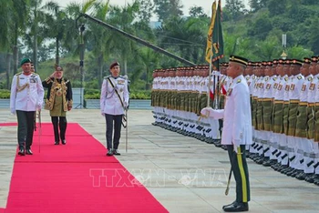 Quốc vương Sultan Ibrahim duyệt Đội danh dự tại lễ đăng quang ở Hoàng cung. (Ảnh: Bernama/TTXVN)