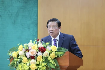 Đồng chí Phan Đình Trạc, Ủy viên Bộ Chính trị, Bí thư Trung ương Đảng, Trưởng Ban Nội chính Trung ương phát biểu tại Hội nghị toàn quốc tổng kết công tác ngành nội chính Đảng năm 2022, triển khai nhiệm vụ năm 2023, ngày 4/1/2023. (Ảnh: BNCTW)