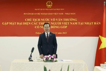 Chủ tịch nước Võ Văn Thưởng phát biểu tại buổi gặp mặt đại diện các thế hệ người Việt Nam tại Nhật Bản.