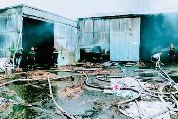 Hiện trường vụ cháy xưởng gỗ.