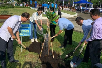 Các đại biểu trồng cây tăng mảng xanh trên địa bàn quận 8, Thành phố Hồ Chí Minh.