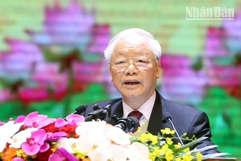 Tổng Bí thư Nguyễn Phú Trọng phát biểu tại lễ kỷ niệm. (Ảnh: VIẾT CHUNG - ĐĂNG ANH)