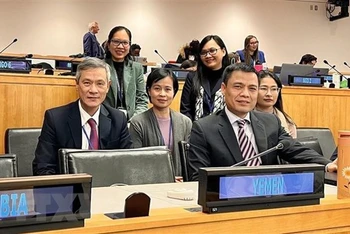 Đoàn liên ngành Việt Nam do Đại sứ Đặng Hoàng Giang (ngoài cùng bên phải), Trưởng Phái đoàn Việt Nam tại Liên hợp quốc làm trưởng đoàn, tham dự hội nghị. (Ảnh: TTXVN)