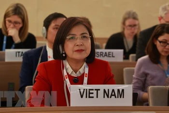 Đại sứ Lê Thị Tuyết Mai, tham gia và phát biểu tại phiên họp. (Ảnh: Nguyễn Tuấn/TTXVN)