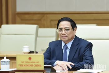  Thủ tướng Phạm Minh Chính phát biểu tại buổi tiếp ông Nikai Toshihiro, Chủ tịch Liên minh Nghị sĩ hữu nghị Nhật-Việt. (Ảnh: Trần Hải)