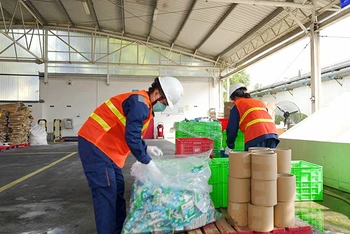 Phân loại rác thải tại nhà máy sữa của Friesland Campina Việt Nam. (Ảnh VÕ HÙNG) 