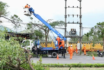 Các công nhân ngành điện Hải Phòng khẩn trương khôi phục lưới điện sau bão số 3.