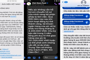 Các tin nhắn giả mạo Bưu điện Việt Nam được các đối tượng lừa đảo dùng để dẫn dụ khách hàng chuyển tiền.