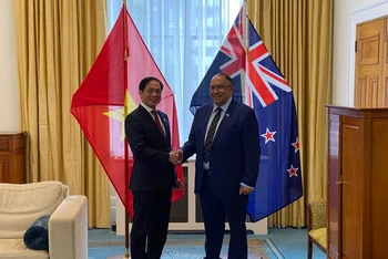 Bộ trưởng Ngoại giao Bùi Thanh Sơn chào xã giao Chủ tịch Quốc hội New Zealand Adrian Rurawhe.