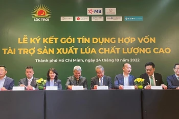 Đại diện Tập đoàn Lộc Trời và 7 ngân hàng ký kết hợp đồng tín dụng mở rộng sản xuất lúa chất lượng cao.